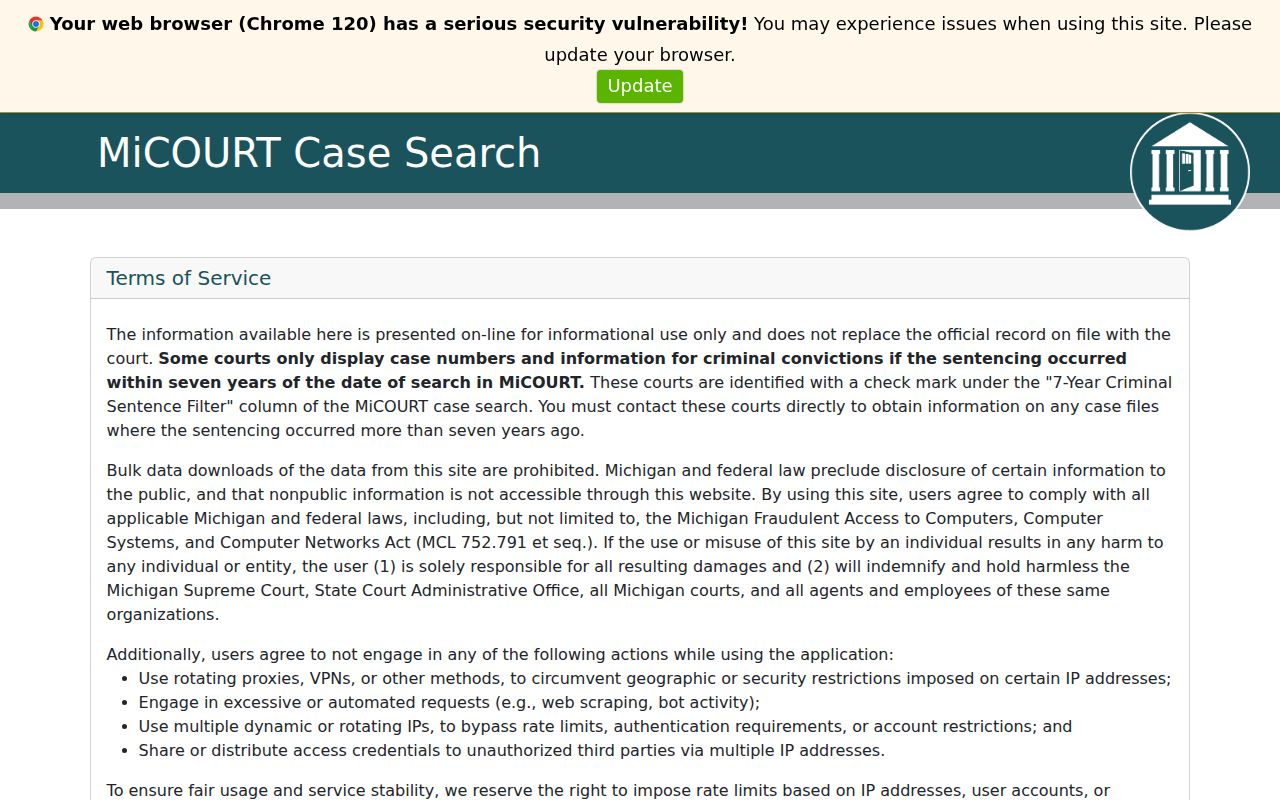 Livingston County criminal court case search fields in MiCOURT