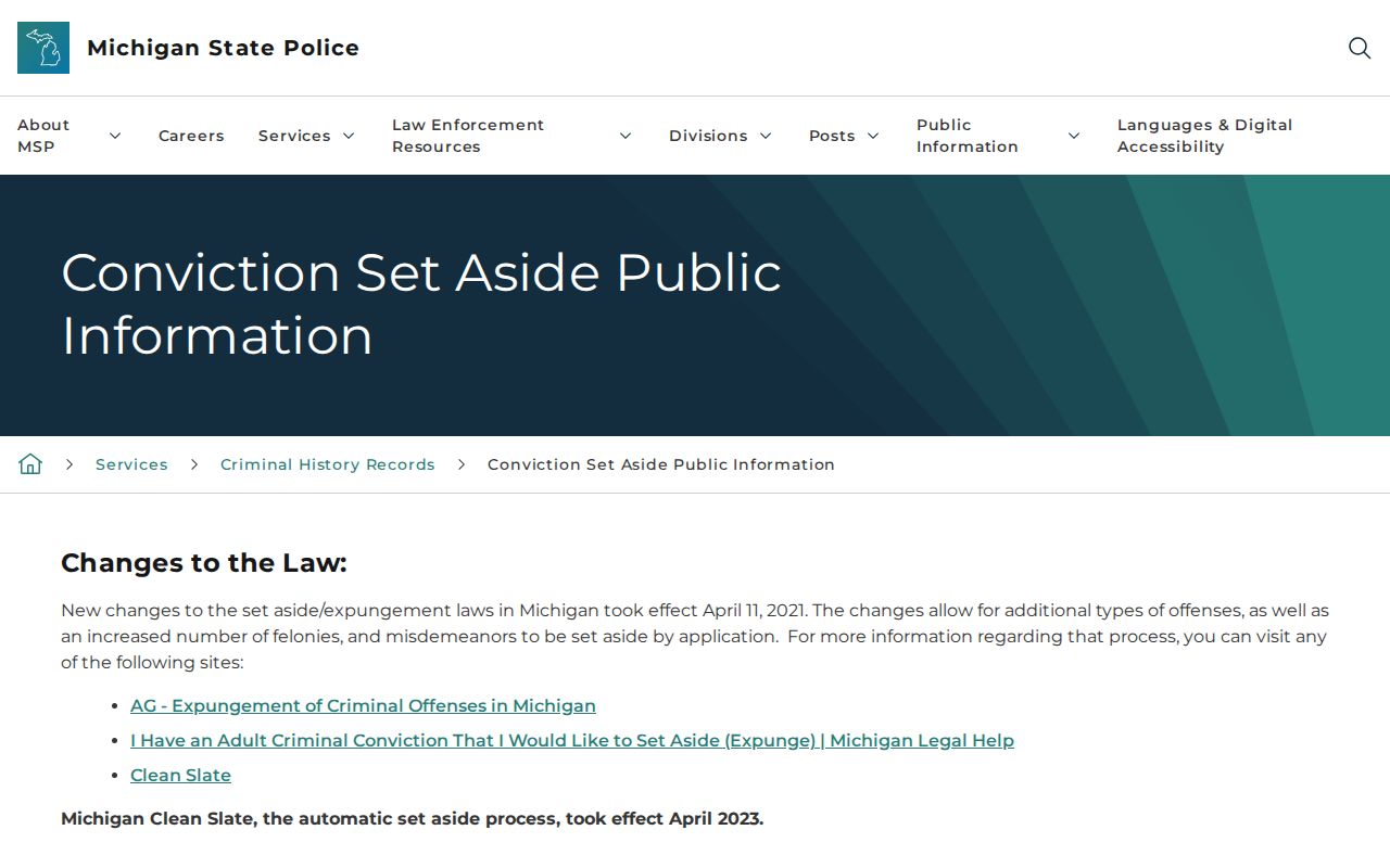 Livingston County criminal record set-aside information from Michigan State Police