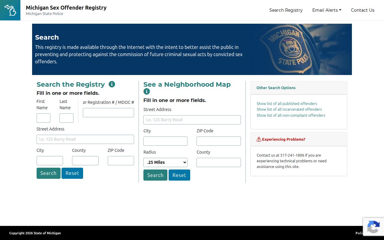 Livingston County sex offender name search fields on Michigan PSOR